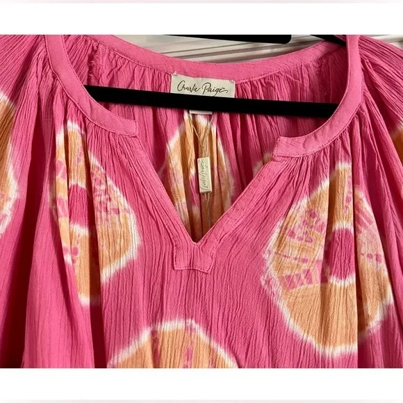 NWT! Oversized Ballon Sleeve Lightweight Notch Neck Pink Tie Dye Circles Top! - Picture 4 of 7